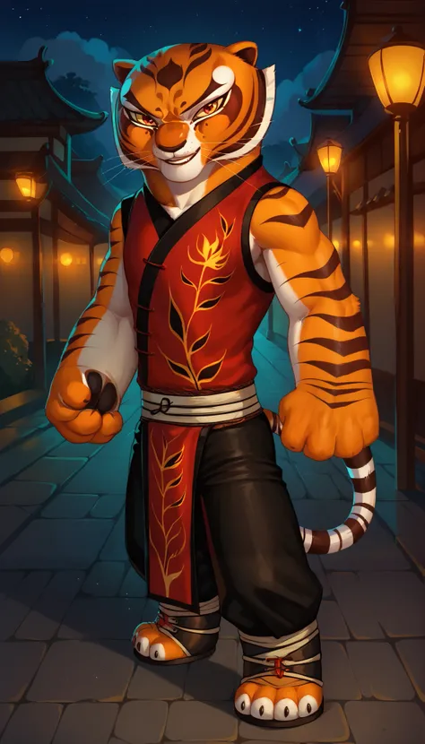 score_9, score_8_up, score_8, 1girl, master tigress, Kung Fu Panda, solo, tail, looking at viewer, red qipao, black silk pants, black boots,
standing, on a street in China, night, in an attack pose