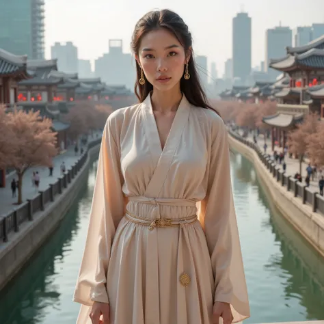 (masterpiece, ultra-detailed, cinematic, futuristic Seoul, year 2100, 
Full-Body Shot, high resolution, 
A self-assured female influencer from 2025, 23 to 28 years old, 
bright expressive eyes, long wavy dark brown hair pulled back elegantly, 
wearing a re...