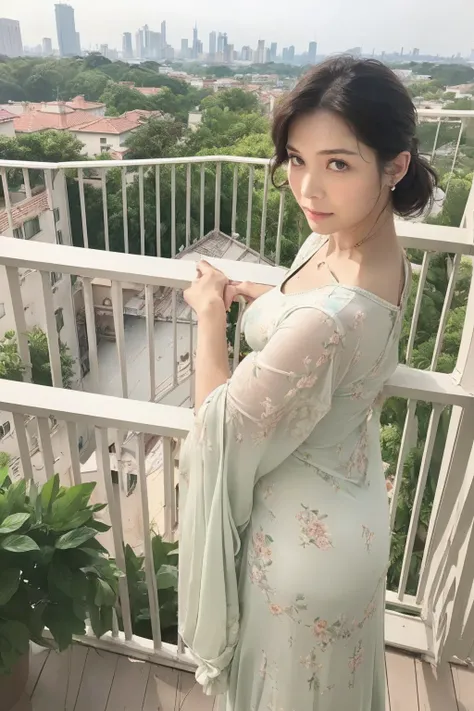 ( top quality)), ((8k)), (( Masterpiece: 1.3)), ( perfect appearance ), ( photorealism: 1.6), (day), ( mature woman leaning against a handrail on the veranda of a high-rise apartment building and looking into the distance),  perfect anatomy, ((Age 65)), (s...