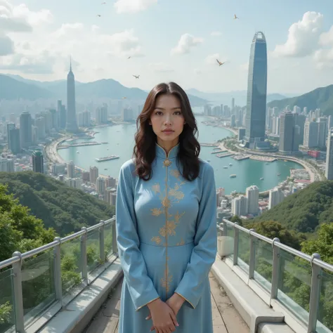 (masterpiece, ultra-detailed, cinematic, futuristic Hong Kong, year 2100, 
Full-Body Shot, high resolution, 
A sophisticated female influencer from 2025, 23 to 28 years old, 
bright expressive eyes, long wavy dark brown hair styled in soft waves, 
wearing ...