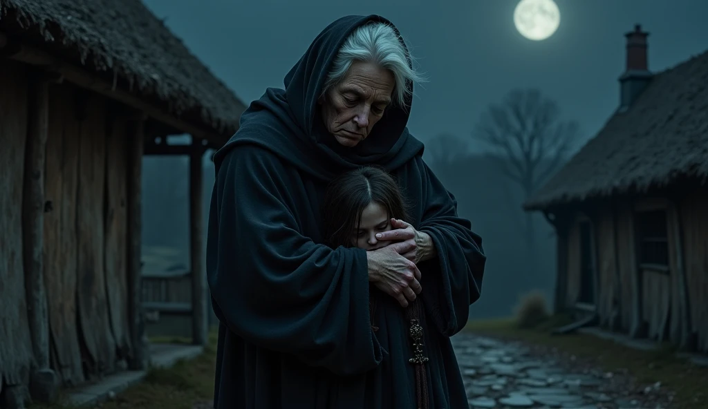  an old woman with white hair wearing a black robe with a consul covers her head and carries a 20-year-old girl with black hair.   In the Middle Ages at night a house

