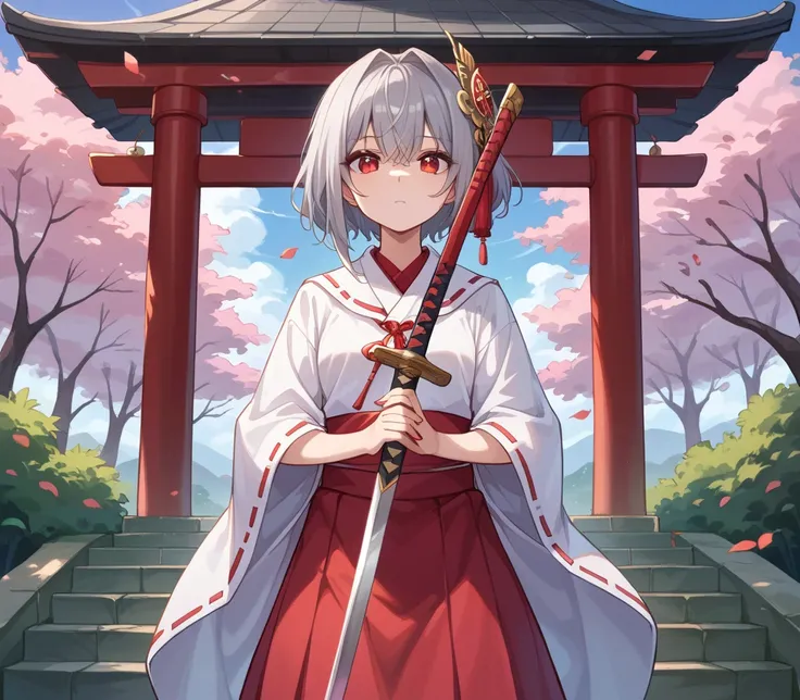  high quality、 Hi-Res、 Masterpiece、 one girl、Gray Hair、Sakura-colored shrine maiden costume 、 red skirt、Scarlet Eyes 、 cute、 small but bulging chest、holding a sword with both hands 、 slightly longer、Idiot hair is growing。 expressionless、 standing