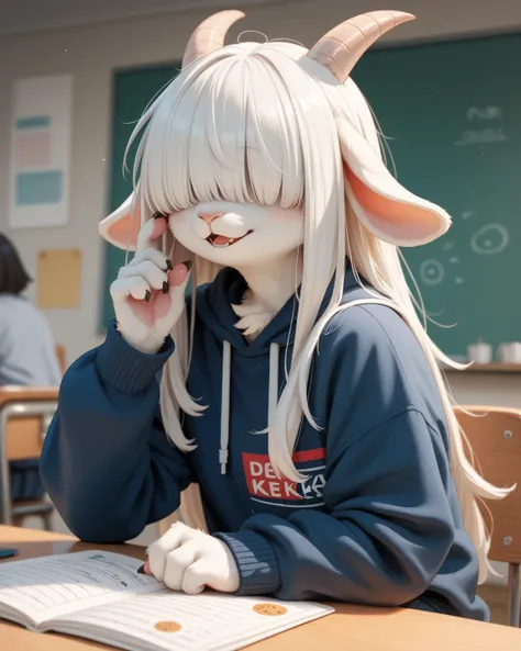 school girl , furry female goat , geek , Introvert , long hair , bangs over eyes , hair over eyes