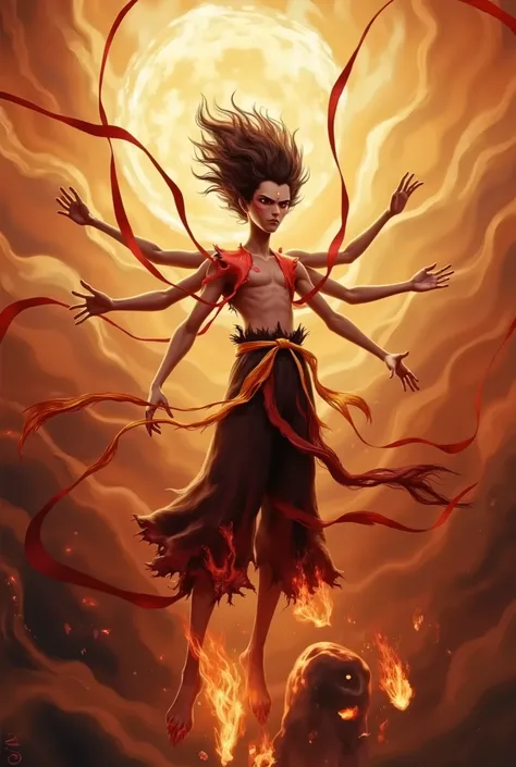Nezha,six-armed,This image is a digital illustration in a detailed, semi-realistic anime style. The central figure is a multi-armed, ethereal being with a dark complexion and a serene, almost otherworldly expression. The being has six arms, each with a dif...