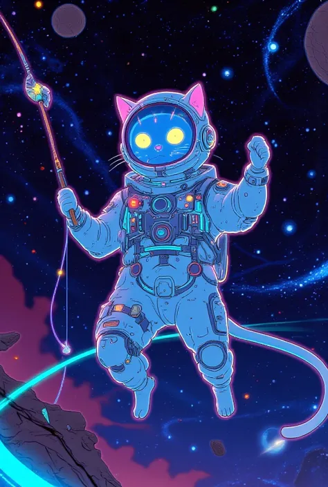 Imagine a futuristic cat dressed in a detailed astronaut suit, floating weightlessly in the vastness of space. Its sleek helmet reflects distant galaxies, and its feline eyes gleam with curiosity. The cat gracefully holds a high-tech fishing rod, glowing w...