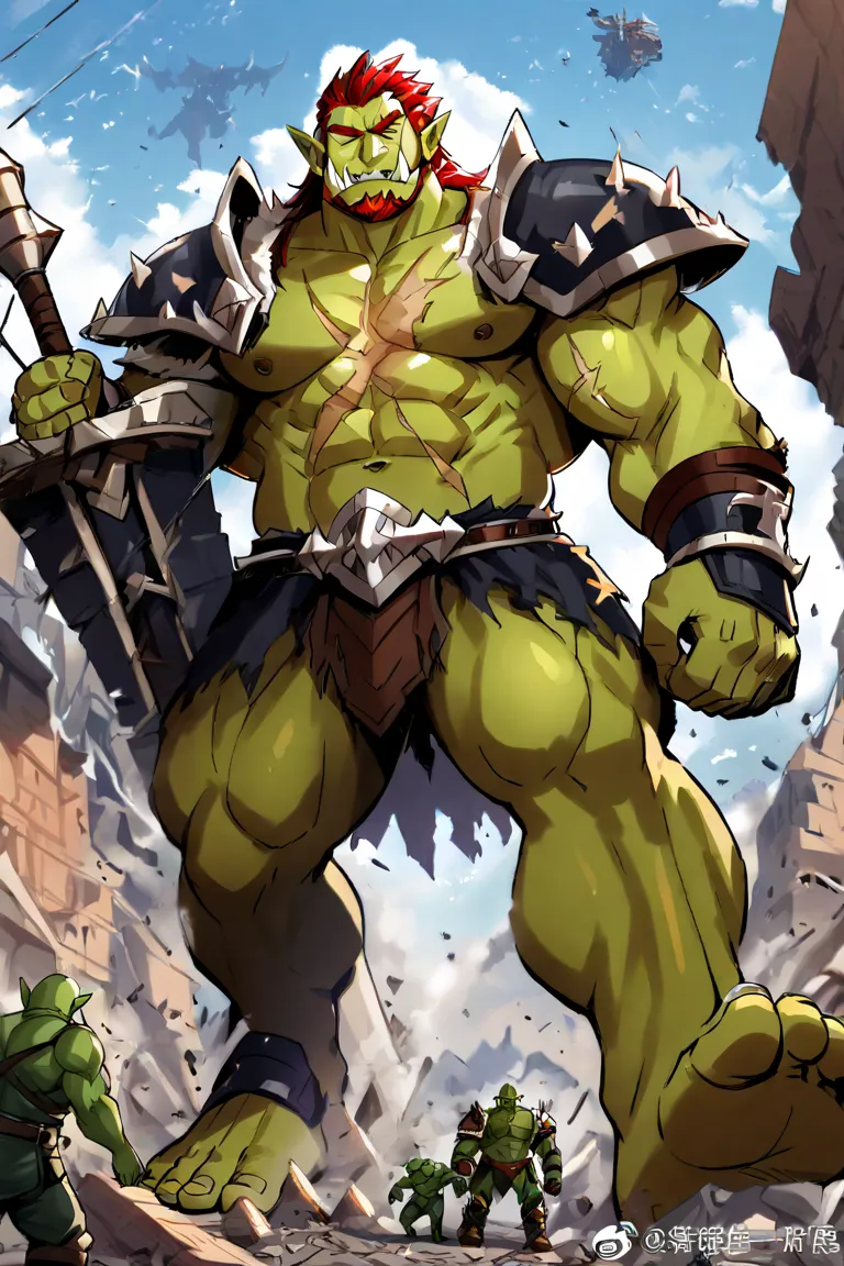 long hair, 1boy, navel, weapon, male focus, red hair, multiple boys, solo focus, pointy ears, armor, torn clothes, muscular, colored skin, scar, abs, helmet, pectorals, muscular male, shoulder armor, bara, large pectorals, pauldrons, bald, giant, green ski...