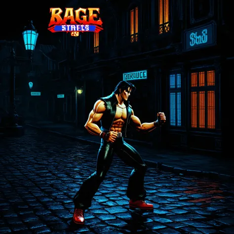 Vampire Fangs as xj9 on streets of rage sega game, high contrast, sfumato, chiaroscuro, tenebrism, baroque style, dark, ((masterpiece, good quality, intricate details, high quality, best quality, in focus, sharp focus