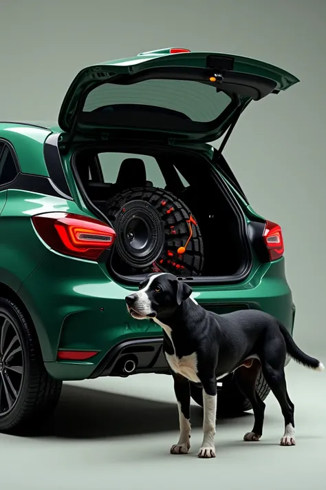 A dark green Corsa car with the back side open so that you can see some baffles and musical notes and next to it a black dog with a white snout, white legs and a white stomach.