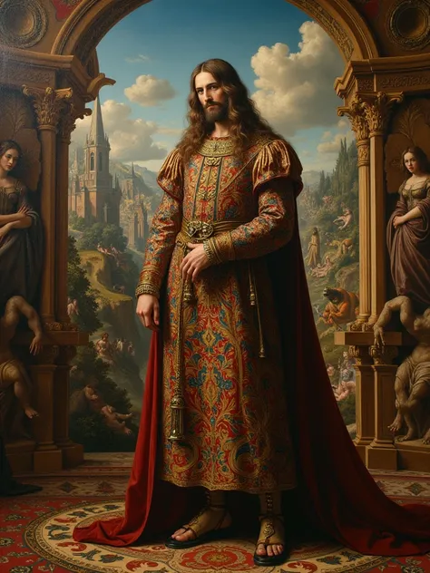 A stunning Renaissance-style oil painting of a tall, majestic nobleman (1.97m), with long, flowing hair like Jesus Christ and piercing blue eyes. He stands in the center of an opulent room, dressed in lavish, intricately embroidered noble attire with gold ...