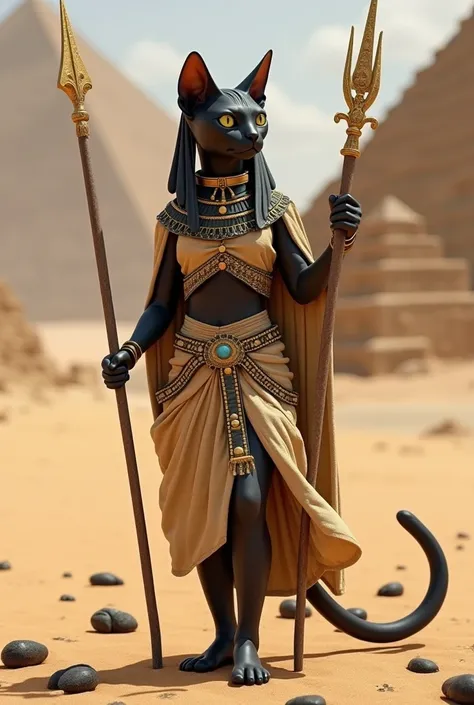 photo realistic, high resolution; Sphynx type cat, black skin, anthropomorphic, in Egyptian warrior outfit (Bastet), cotton and linen clothes, lots of gold decorations; she holds a spear in one hand and a scepter decorated with an Ankh cross in the other h...