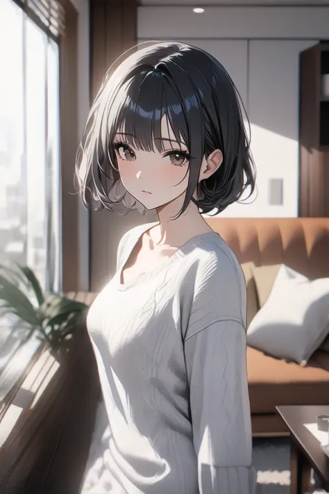 top quality, masterpiece,  Hi-Res, 8k, (1 girl), Alone, (((face shot))),   black hair short hair, cold expressionless, A warm living room, milf, small eyes