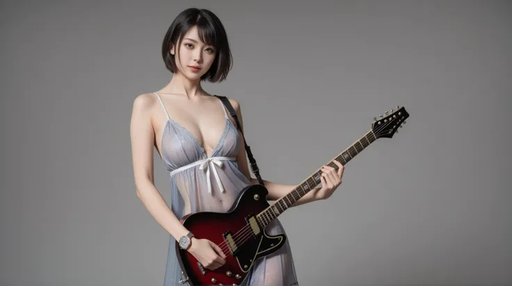  top quality,  masterpiece, ,(((A woman standing up and playing an electric guitar、Hang it over your shoulder with a guitar slow wrap )))  ultra high resolution , (  by Nomi :1.4),  RAW Photo, ((Slender 18 year old  ,  simple grey background)), ((  sexy si...