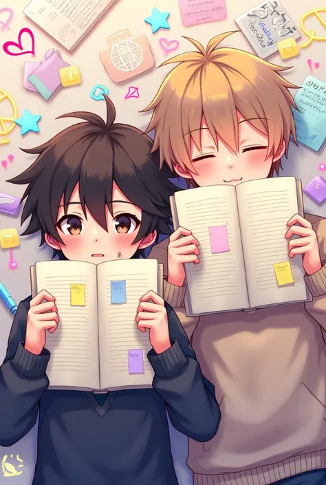 A vibrant, stylized anime illustration of two teenage boys lying on a background filled with scattered exam papers, highlighters, and doodles. One boy has short, slightly messy dark brown hair, a shy expression, and wears a school uniform with a sweater. T...