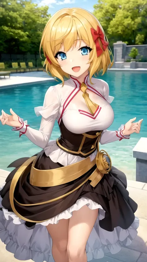 Masterpieces, Best Quality, girl, looking at viewer, Raymond Kirkland, Blonde hair, Blues Eyes, short hair, large breasts, princess connect Re:Dive cosplay, princess Dress, standing, smile, open mouth, outdoors 