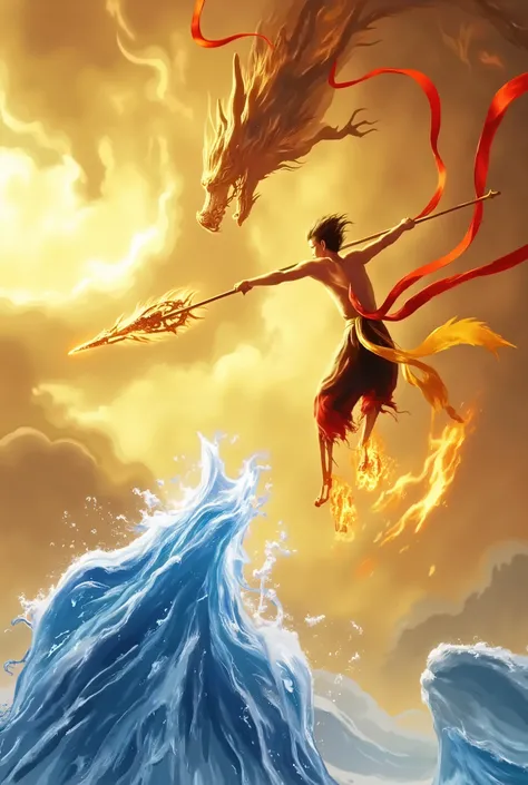 This is a vibrant, digital artwork depicting a dynamic and mystical scene. The central focus is a fierce battle between a human warrior and a large, serpentine dragon. The warrior, positioned on the right side of the image, is mid-flight, adorned in tradit...