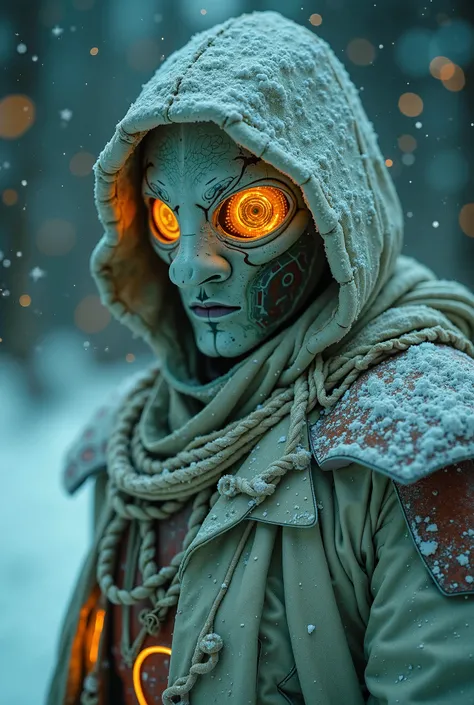 Terrifying cinematic science fiction photo of a portrait of a non human futuristic masked white, green and orange neon mythical freak dressed as a freak leather sharp fingers futuristic mask mythical freak dressed as a futuristic dirty freak glowing white,...