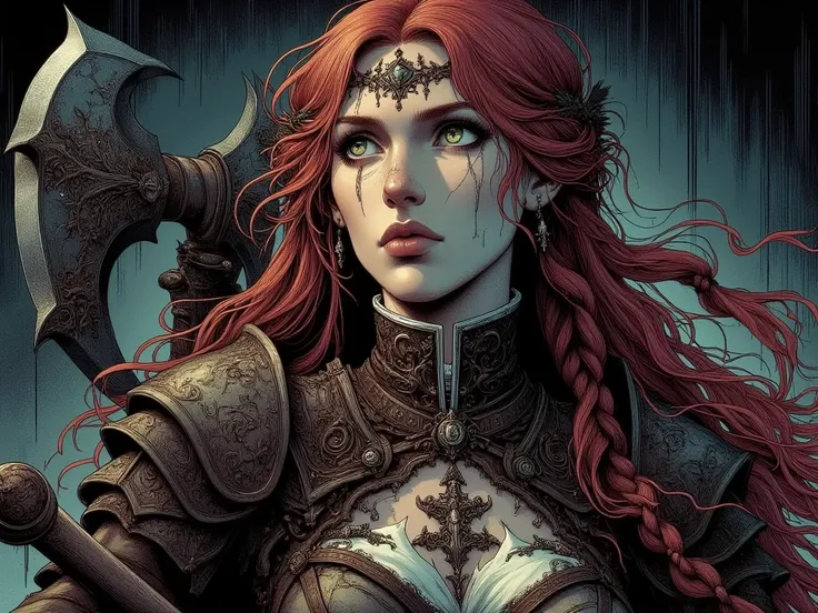  dark fantasy art style .  A girl,  green eyes, Your hair is red and long with braids, Bring an axe,  wearing heavy, shabby clothes with leather parts and animal skin, Close to your s. Your expression is firmly motivated, She looks forward and up. She take...