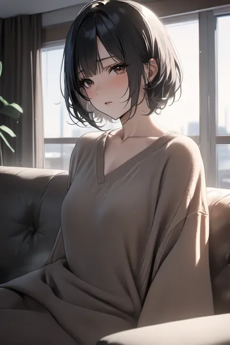 top quality, masterpiece,  Hi-Res, 8k, (1 girl), Alone, (((face shot))),   black hair short hair, cold expressionless, A warm living room, milf, small eyes