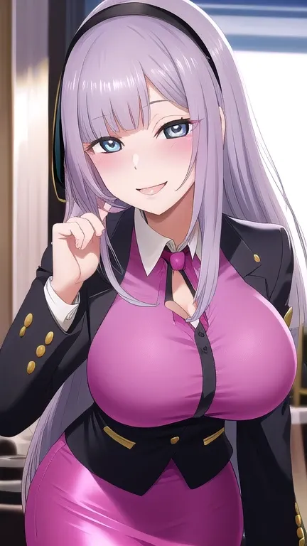   erotic、Mylene、 shiny hair、Big Breasts, cleavage、  alone, business suit、 jacket、teacher、 pencil skirt, pink love hotel、  top quality,  detailed face,  detailed eyes,  Hi-Res, Smile、 dye her cheeks red、 sexy pose、lure、Estrus、Open your mouth slightly、adult、...