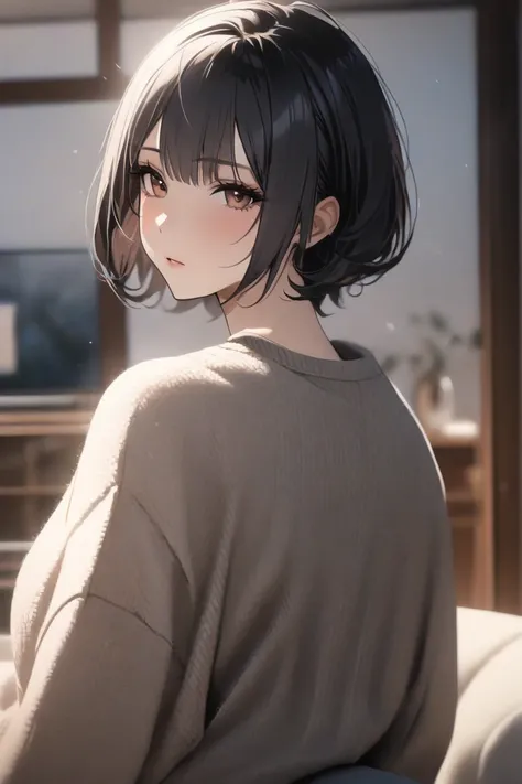 top quality, masterpiece,  Hi-Res, 8k, (1 girl), Alone, (((face shot))),   black hair short hair, cold expressionless, A warm living room, milf, small eyes