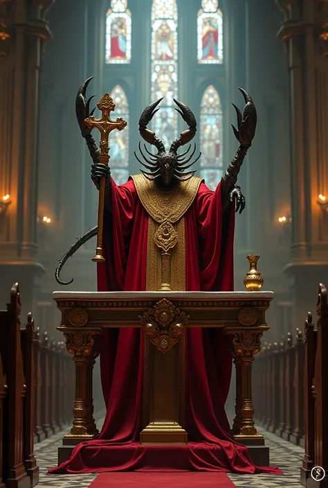 Scorpion dressed as a priest on an altar in the church 