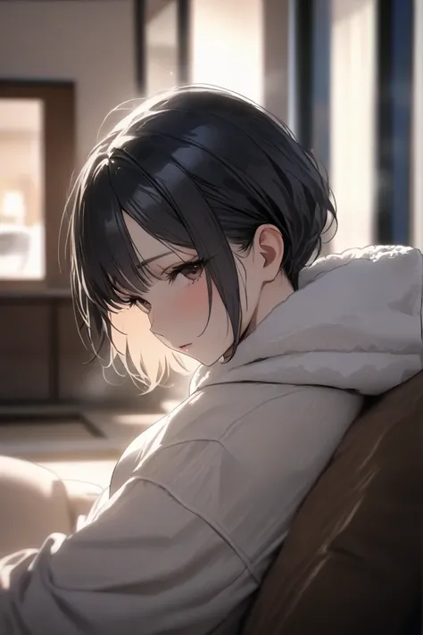 top quality, masterpiece,  Hi-Res, 8k, (1 girl), Alone, (((face shot))),   black hair short hair, cold expressionless, A warm living room, milf, small eyes