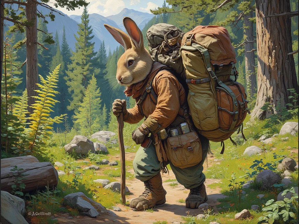 An anthro rabbit in adventuring gear, gigantic overfilled backpack, hiking through the forest, walking stick