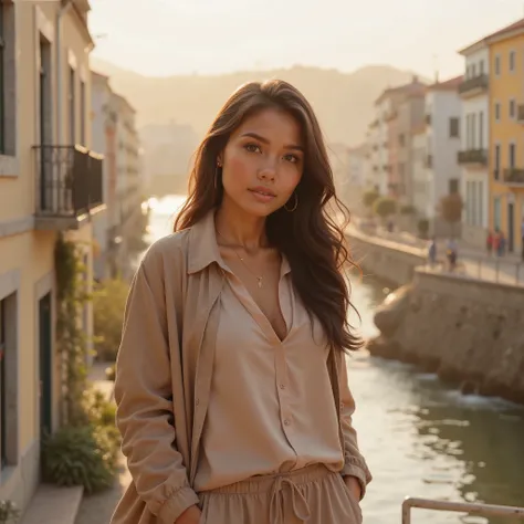 (masterpiece, ultra-detailed, cinematic, year 2100,
Full-Body Shot, high resolution,
A warm, inviting female influencer from 2025, 23 to 28, 
bright expressive eyes, long wavy dark brown hair, sweet smile, 
wearing a modest blouse and tapered pants with a ...