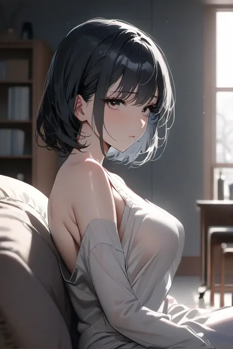 top quality, masterpiece,  Hi-Res, 8k, (1 girl), Alone, (((face shot))),   black hair short hair, cold expressionless, A warm living room, milf, small eyes, married woman with beautiful breasts, Cold eyes