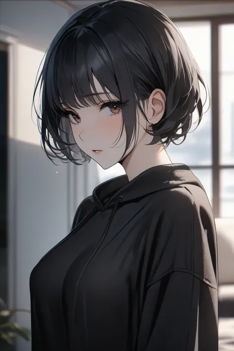 top quality, masterpiece,  Hi-Res, 8k, (1 girl), Alone, (((face shot))),   black hair short hair, cold expressionless, A warm living room, milf, small eyes, married woman with beautiful breasts, Cold eyes