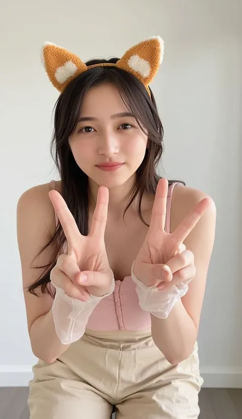   、 take a playful 'reverse peace animal ear' pose with both hands 。 The index finger and middle finger of both hands are opened in a V shape 、 while forming the shape of a peace sign 、 they are placed upside down and the fingertips are directed at their o...