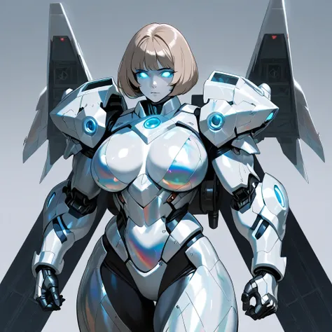 Mathilda, Robotic white skinned woman, Bob cut Light Brown Hair, Large Breast, Voluptuous muscular Build, wide hipped, thick muscular thighs, wearing Light Gray Medium Armor, Wearing a winged jetpack, iridescent Blue glowing glass eyes, standing on an airc...