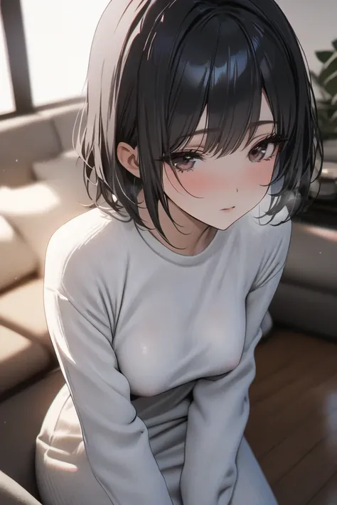 top quality, masterpiece,  Hi-Res, 8k, (1 girl), Alone, (((face shot))),   black hair short hair, cold expressionless, A warm living room, milf, small eyes, married woman with beautiful breasts, Cold eyes