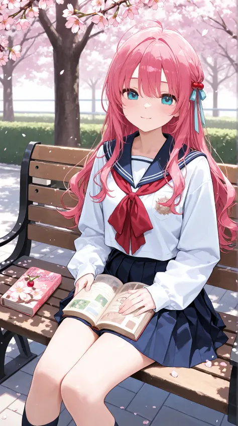 Korean schoolgirl sits on a bench under a cherry blossom and reads a book