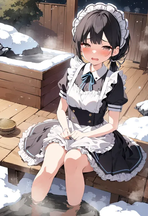 （Best Quality), a girl, (lovely),  ((masterpiece)), (ultra-detailed), ((kawaii)), high school students, a girl , solo, (lovely), (beautiful detailed black classic maid costume), black Hair, comb over hair, low ponytail hairstyle, {Narrowed eyes, cool brown...