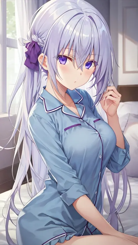 masterpiece, best quality, girl, solo, looking at viewer, tsukasa_mikogami, grey hair, purple eyes, heterochromia, blue eyes, hair between eyes, large breasts, pajamas