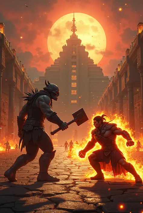 "Epic battle scene on the grand stage of Kotal Kahn's Mesoamerican-inspired empire. Shao Kahn, the ruthless warlord, stands dominant in his menacing skull helmet and spiked armor, wielding his colossal hammer with a vicious grin. Opposite him, Liu Kang, th...