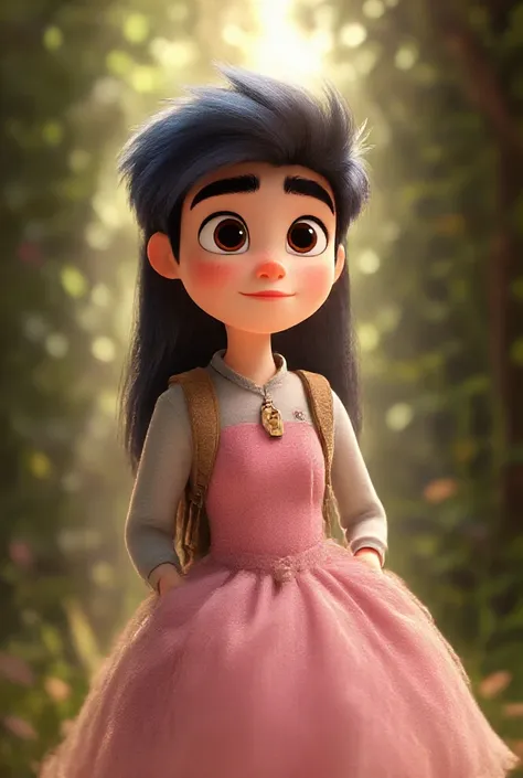  Straight black hair ,Dark brown eyes, dressed as a princess in a pink dress with big and slightly plump cheeks