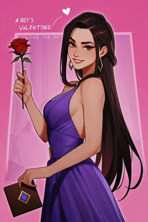 a Woman, reyna character from valorantwith a cute smile a cute elegant purple dress holding a rose, valorant character, hair black whit Strands of hair,video game character,  from valorant, , VERY IMPORTANT TEMÁTIC : romantic dinner for Valentine's Day   