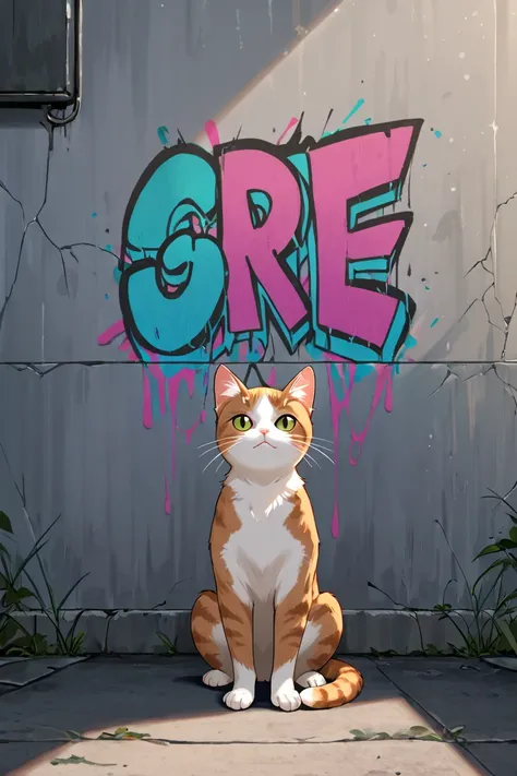 Create a grey wall with a small cat in the middle, with graffiti of various colours, anime style