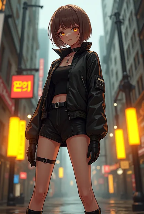 1 anime girl,  short brown hair,(Bob Stile ),( brown eyes both honey-colored eyes hidden by brown locks),black cyberpunk jacket, short black skirt,black boots,  black gloves , anime style , 4 yellow lights in the front