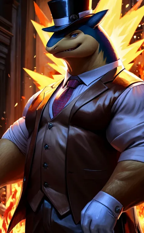 Solo, Male, close up, fat, musclegut, obese, steampunk, gentleman, dapper Typhlosion, blue eyes, wearing a big leather collar around his neck, (soft shading), 4k, hi res, ((detailed face, detailed)), looking at viewer, evil grin, collared shirt with button...