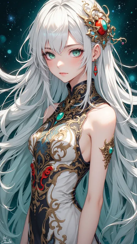 Portrait of a girl with long flowing hair and white hair， Apple Green Eyes ， fine fit ，Ocean background， and Geometric Dress ， Elegant Elegant ，fiery red hair，Celestial ， Spirit ， very long hair， veil hair ， Extremely Elegant Professional Painting 