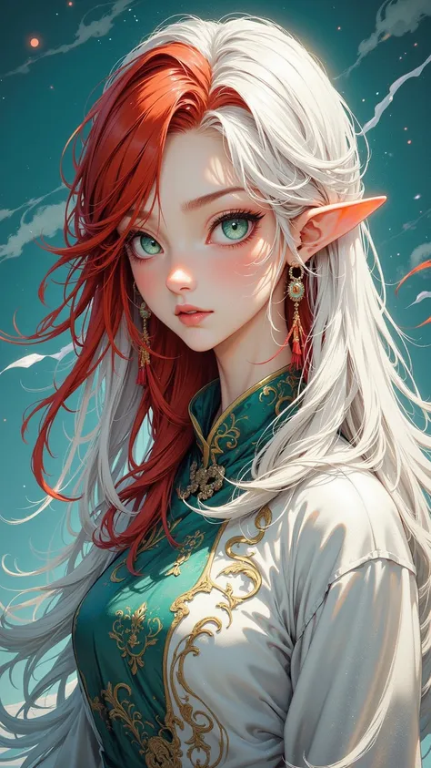 Portrait of a girl with long flowing hair and white hair， Apple Green Eyes ， fine fit ，Ocean background， and Geometric Dress ， Elegant Elegant ，fiery red hair，Celestial ， Spirit ， very long hair， veil hair ， Extremely Elegant Professional Painting 