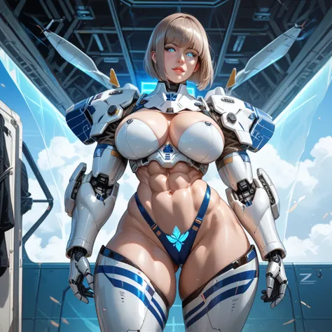 Mathilda, Robotic white skinned woman, Bob cut Light Brown Hair, Large Breast, Voluptuous muscular Build, wide hipped, thick muscular thighs, wearing Light Gray Medium Armor, Wearing a winged jetpack, iridescent Blue glowing glass eyes, standing on an airc...