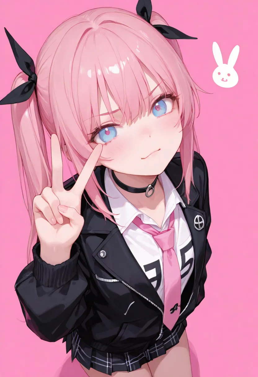 ( Masterpiece ,  top quality ,  exquisite,8k,  absurd),(748cmstyle), peace sign,( high angle), long hair, pink , twin tails, blue eyes, cute, angry face, kind, unbalanced white cutter shirt, pink tie , black choker, wear a black jacket,Black checked mini s...