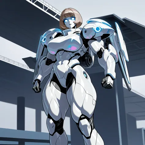 Mathilda, Robotic white skinned woman, Bob cut Light Brown Hair, Large Breast, Voluptuous muscular Build, wide hipped, thick muscular thighs, wearing Light Gray Medium Armor, Wearing a winged jetpack, iridescent Blue glowing glass eyes, standing on an airc...