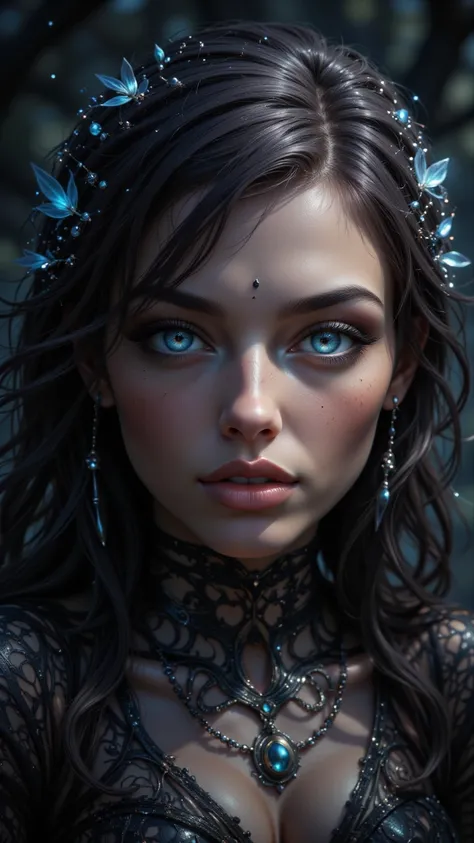 Portrait of a mysterious witch ， Ice Blue Eyes ， Charming and mesmerizing smile ， flowing hair creates a fleeting atmosphere， blends mesmerizing and mysterious feeling 。