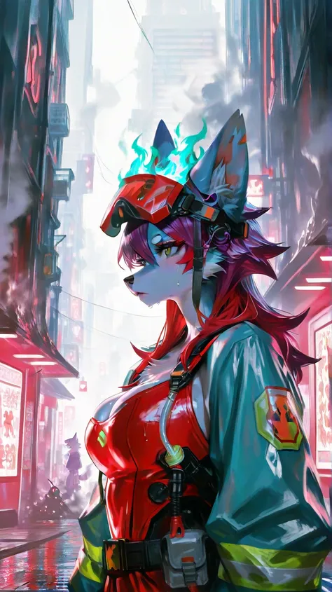 City, fire in buildings, rain, smoke, one female furry, all light pastel blue fur, purple hair on head, red hair tips highlights, spikey hair,  green eyes, spikey hair, large breast, sexy wolf furry, sexy wolf furry, blushing , red high lights,(light color...