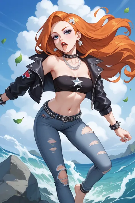 For the **Rock Star** theme, keeping the rule of showing Orihime's navel and toes:  

**Top:** Orihime sports a cropped leather jacket adorned with silver studs and spikes on the shoulders. Beneath it, she wears a black, glittery bandeau that leaves her na...